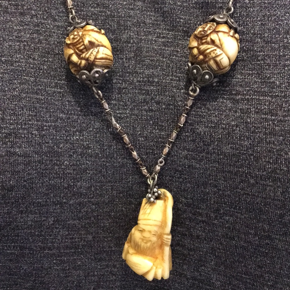 Vintage carved ivory bone oriental silver necklace